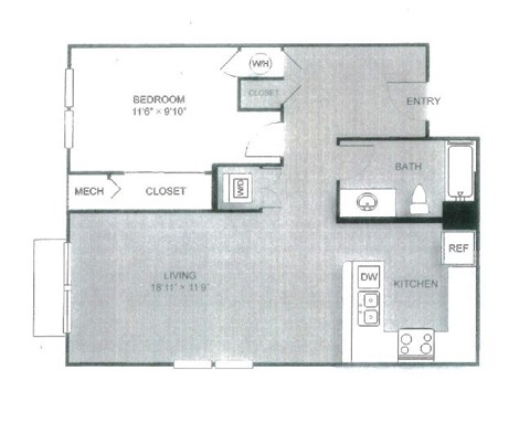Floor plan for 1 bed, 1 bath, 750 sqft